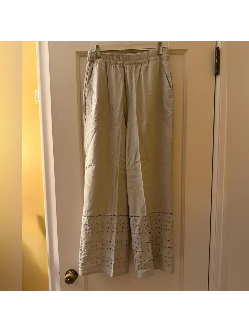 Zara Sand Linen High Waist Wide Leg Cutout hem design S